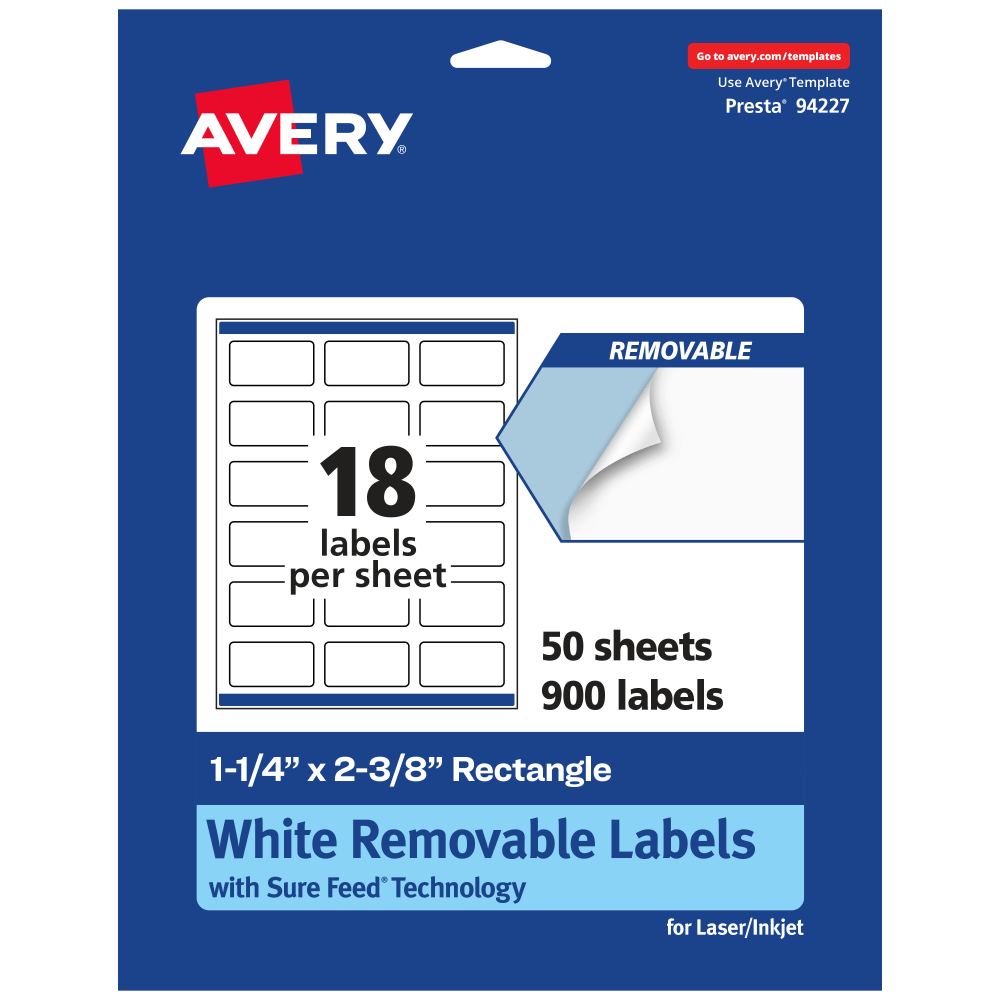 Avery® Removable Labels With Sure Feed®, 94227-RMP50, Rectangle,