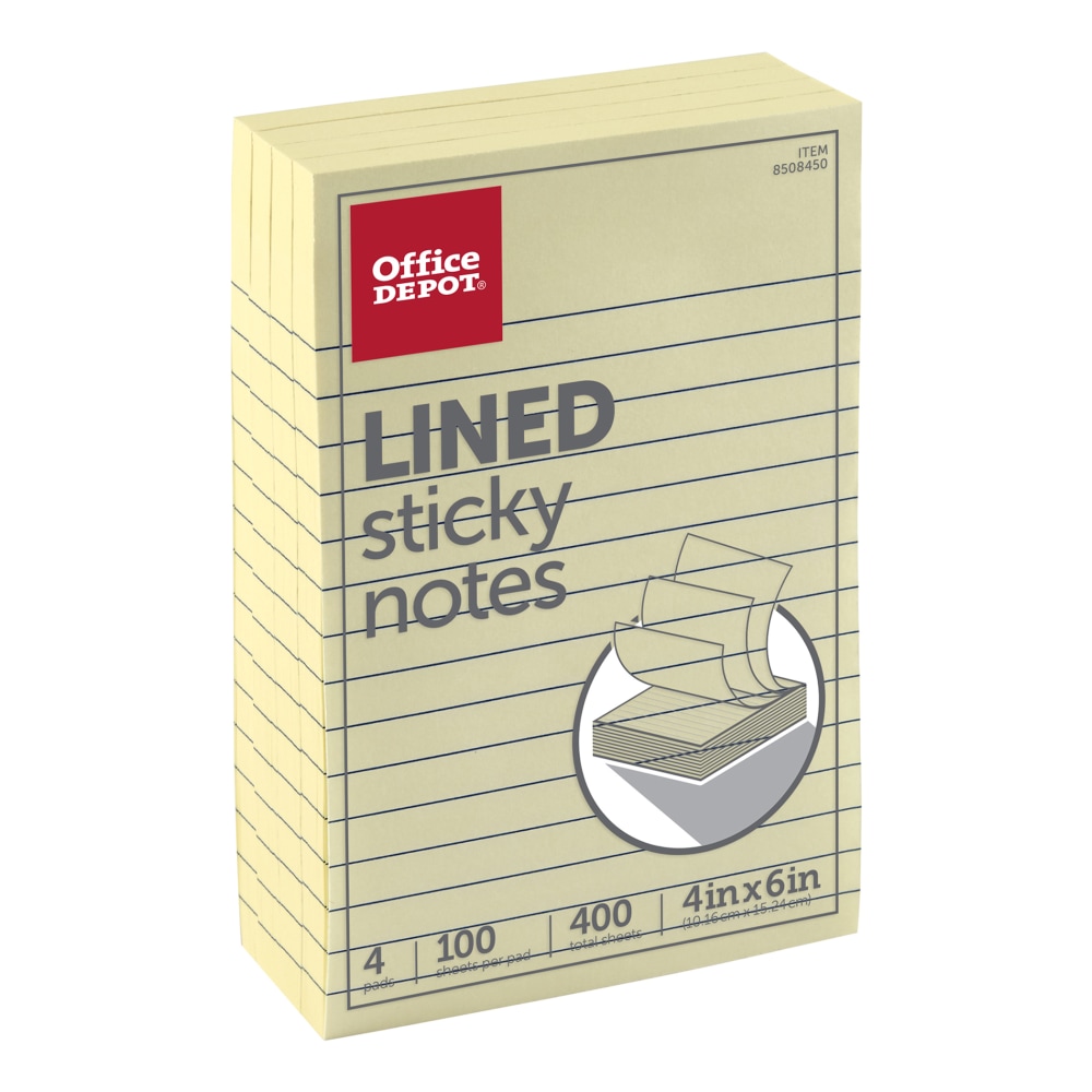 Office Depot® Brand Lined Sticky Notes, 4" x