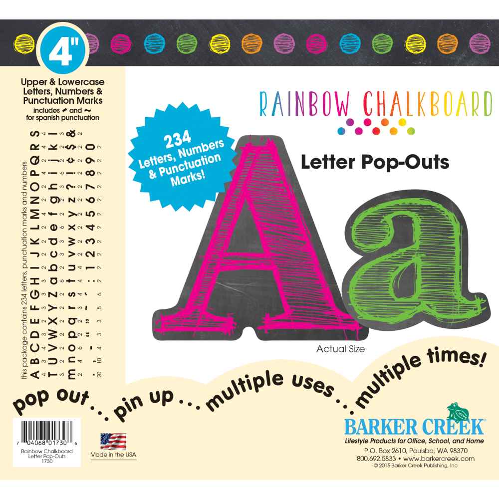 Barker Creek® Letter Pop-Outs, 4", Rainbow Chalk, Set