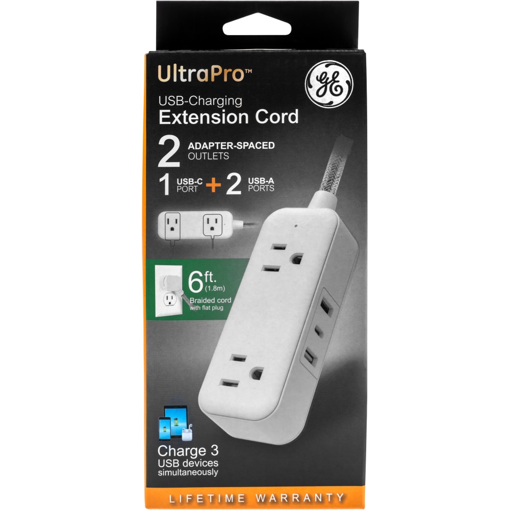GE 81597 2-Outlet Extension Cord With USB Charging,