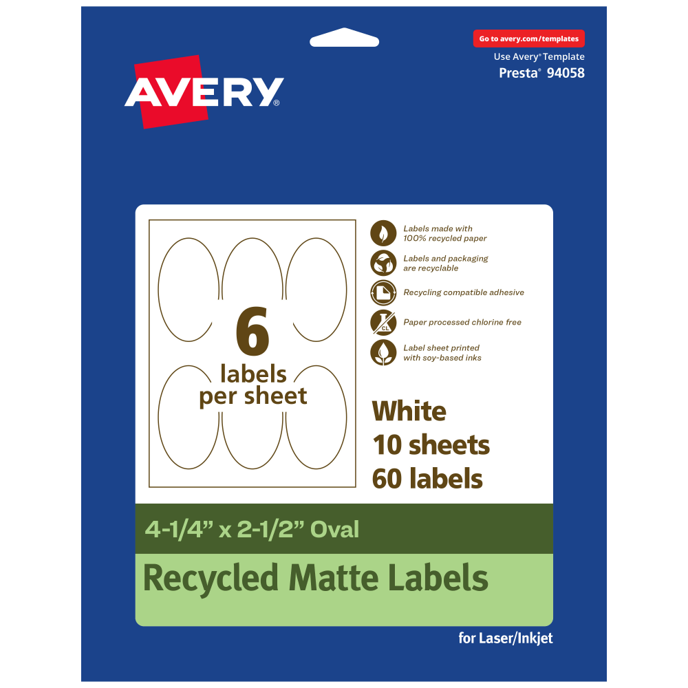Avery® Recycled Paper Labels, 94058-EWMP10, Oval, 4-1/4" x