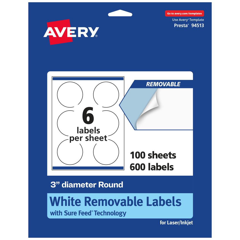 Avery® Removable Labels With Sure Feed®®, 94513-RMP100, Round,