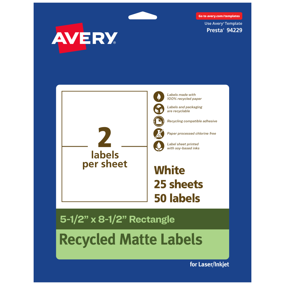 Avery® Recycled Paper Labels, 94229-EWMP25, Rectangle,