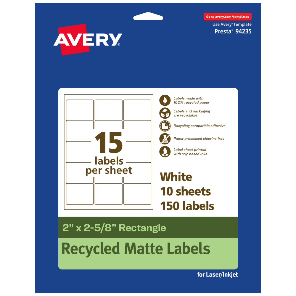 Avery® Recycled Paper Labels, 94235-EWMP10, Rectangle, 2" x