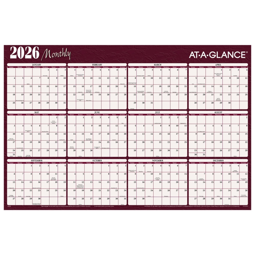 AT-A-GLANCE® 2026 Horizontal Reversible Erasable Yearly Wall