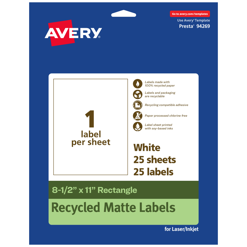Avery® Recycled Paper Labels, 94269-EWMP25, Rectangle,