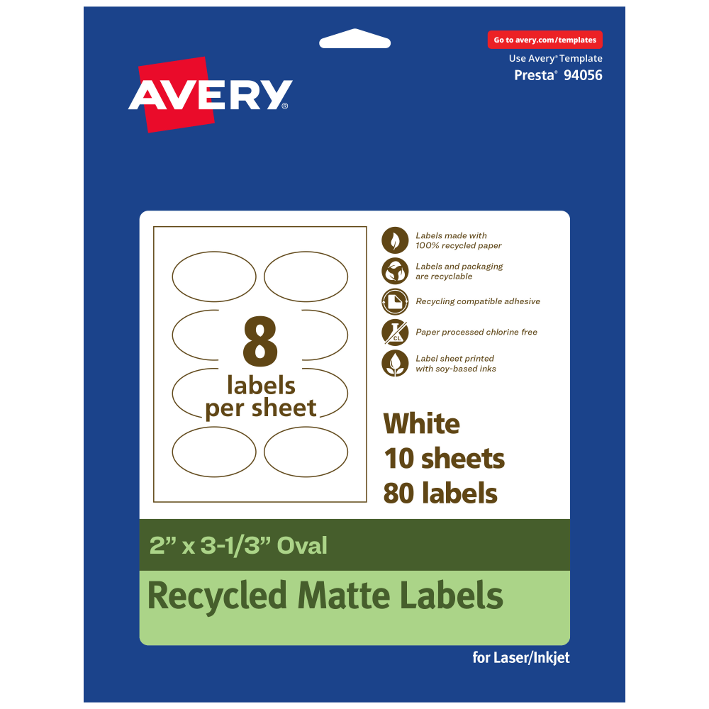 Avery® Recycled Paper Labels, 94056-EWMP10, Oval, 2" x