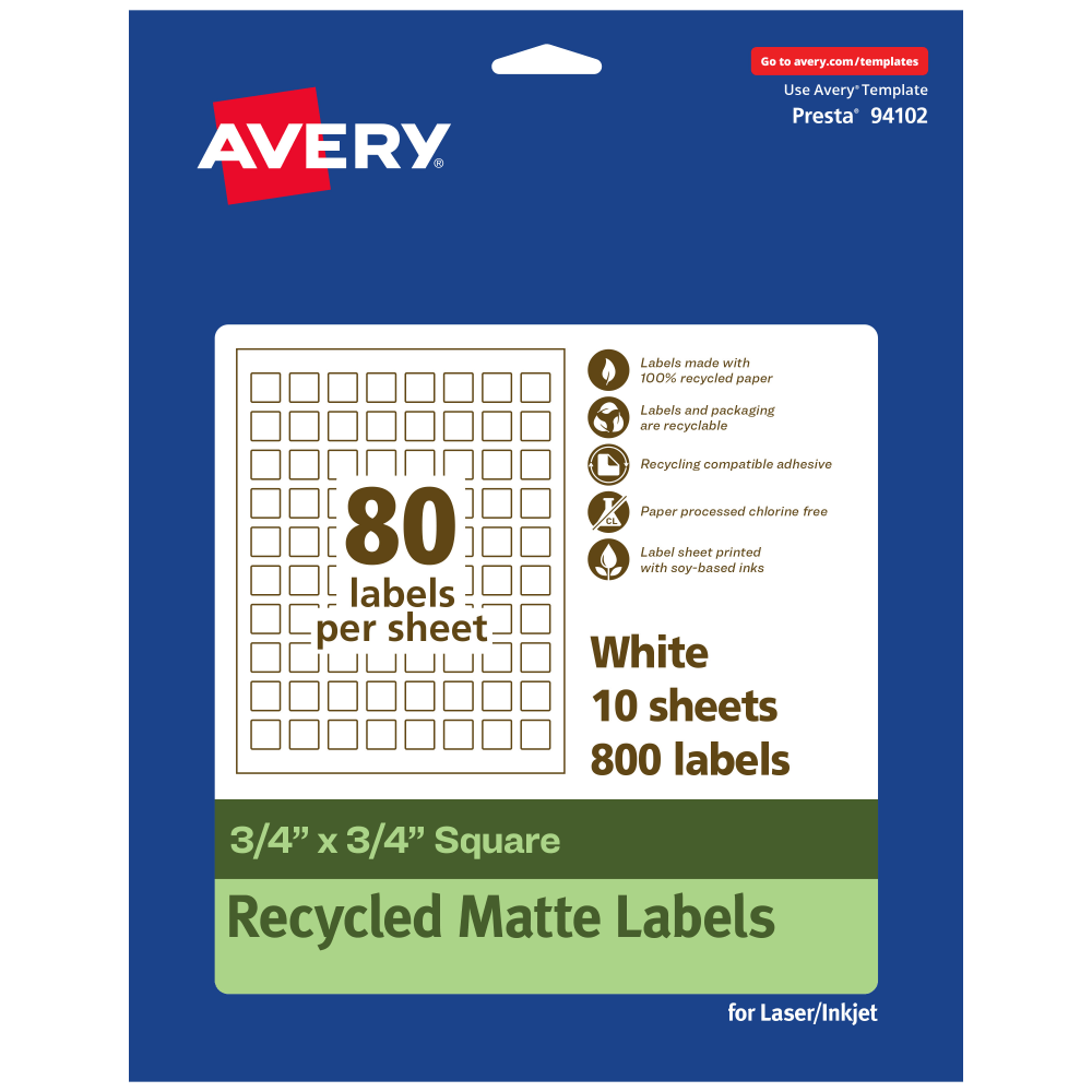 Avery® Recycled Paper Labels, 94102-EWMP10, Square, 3/4" x