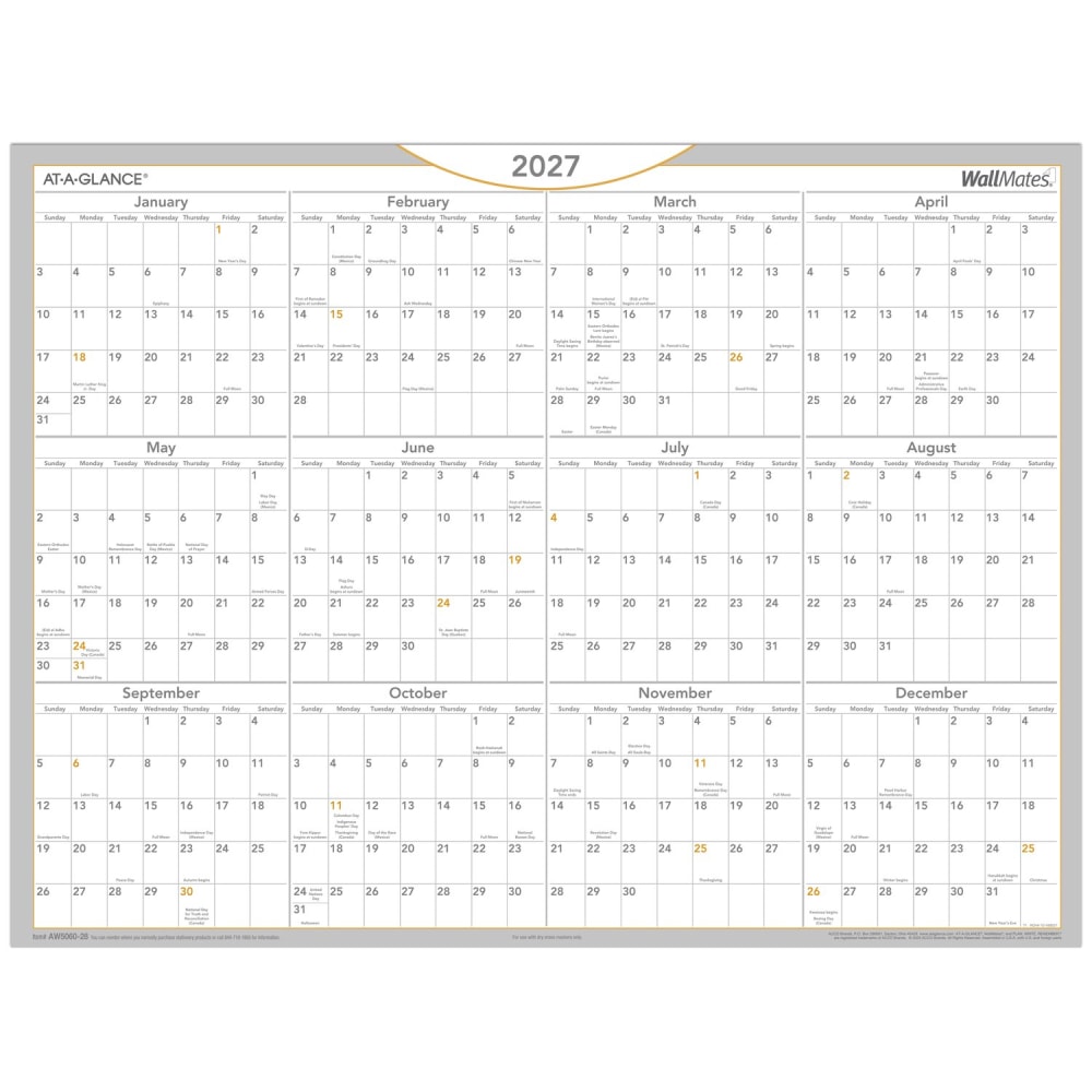 AT-A-GLANCE® 2027 WallMates Self-Adhesive Dry-Erase Yearly
