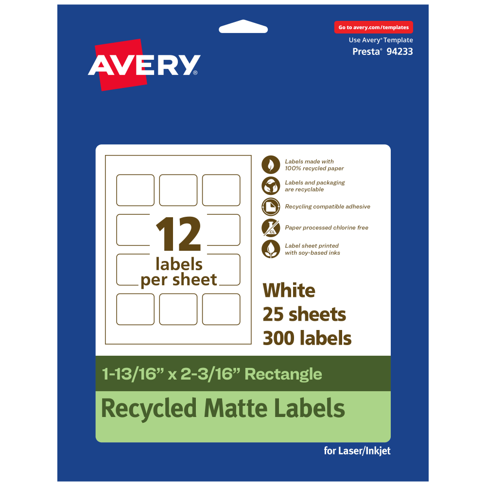 Avery® Recycled Paper Labels, 94233-EWMP25, Rectangle,