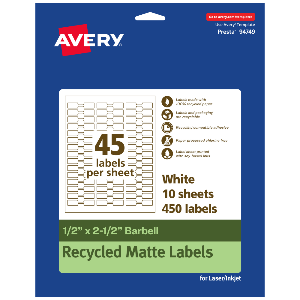 Avery® Recycled Paper Labels, 94749-EWMP10, Barbell, 1/2" x