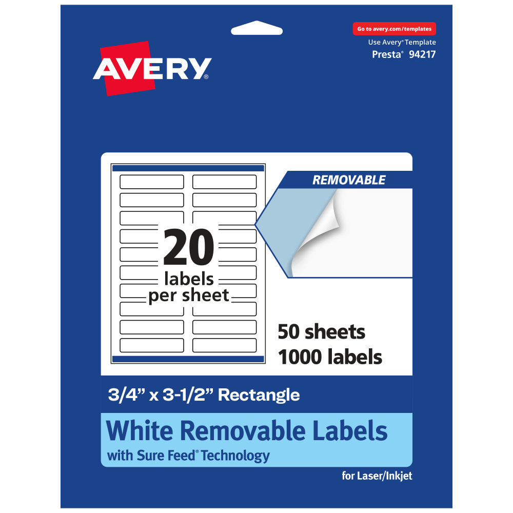 Avery® Removable Labels With Sure Feed®, 94217-RMP50, Rectangle,