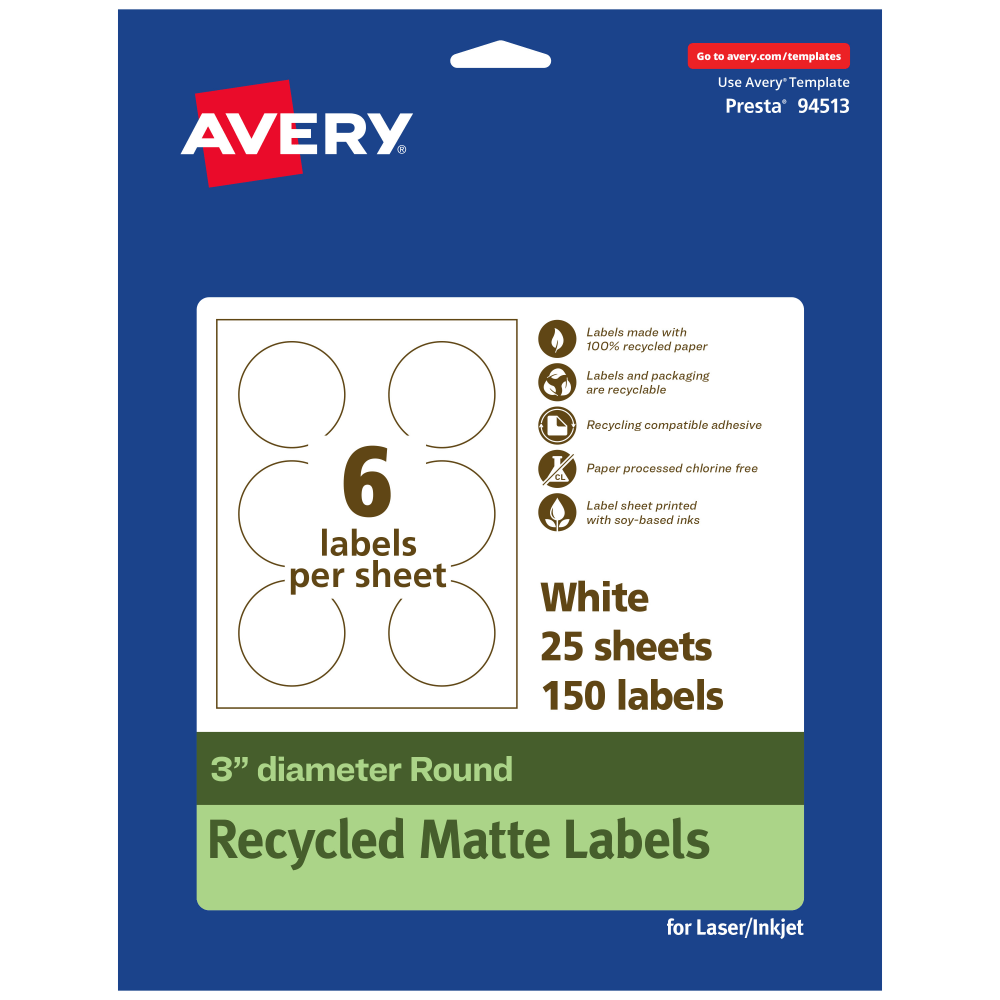Avery® Recycled Paper Labels, 94513-EWMP25, Round, 3"