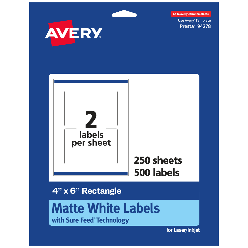 Avery® Permanent Labels With Sure Feed®, 94278-WMP250, Rectangle,