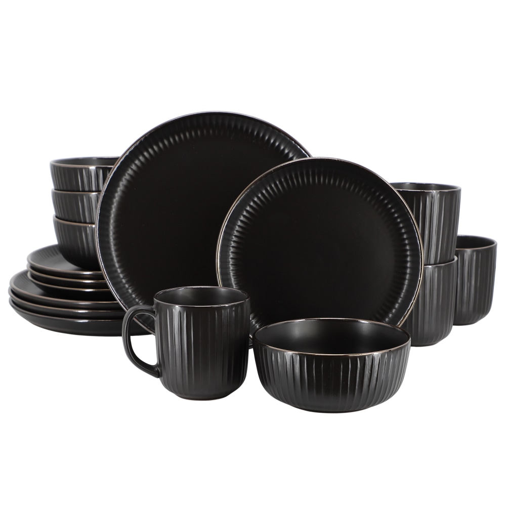 Elama Leo 16-Piece Stoneware Dinnerware Set, Black