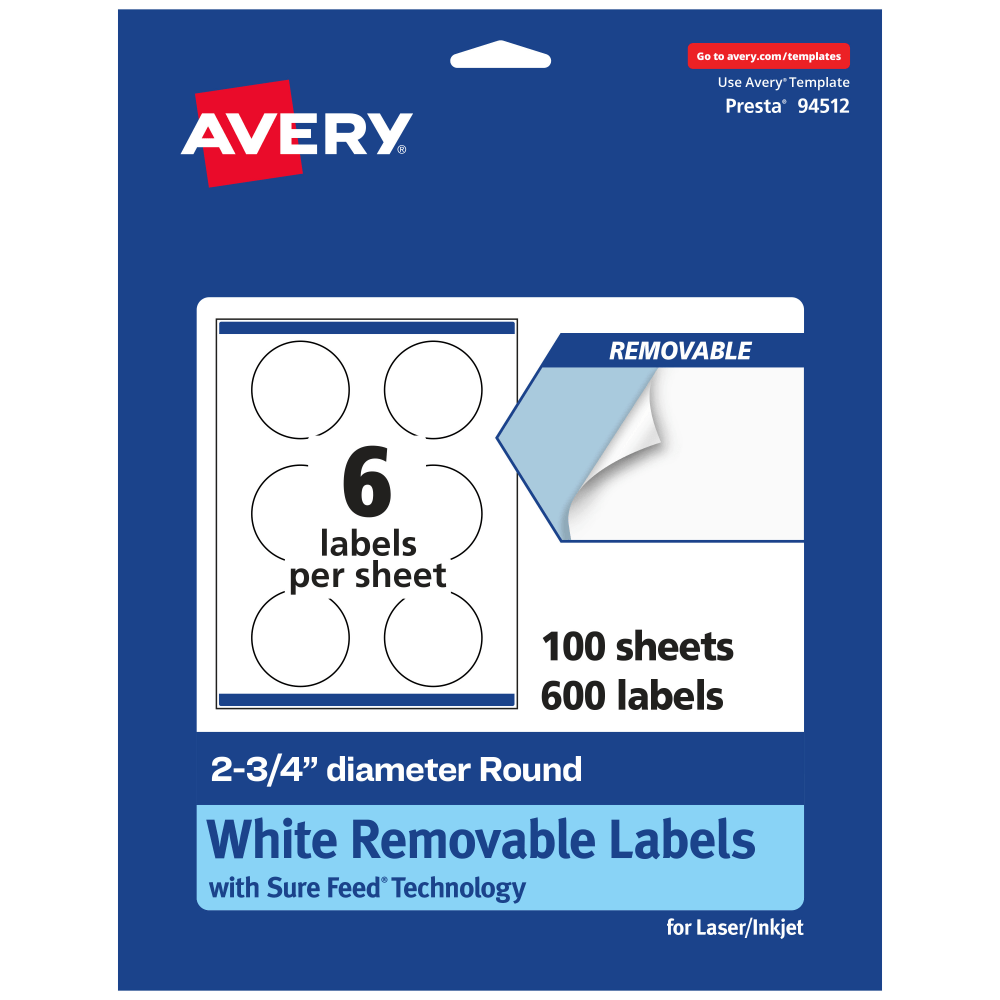 Avery® Removable Labels With Sure Feed®, 94512-RMP100, Round,