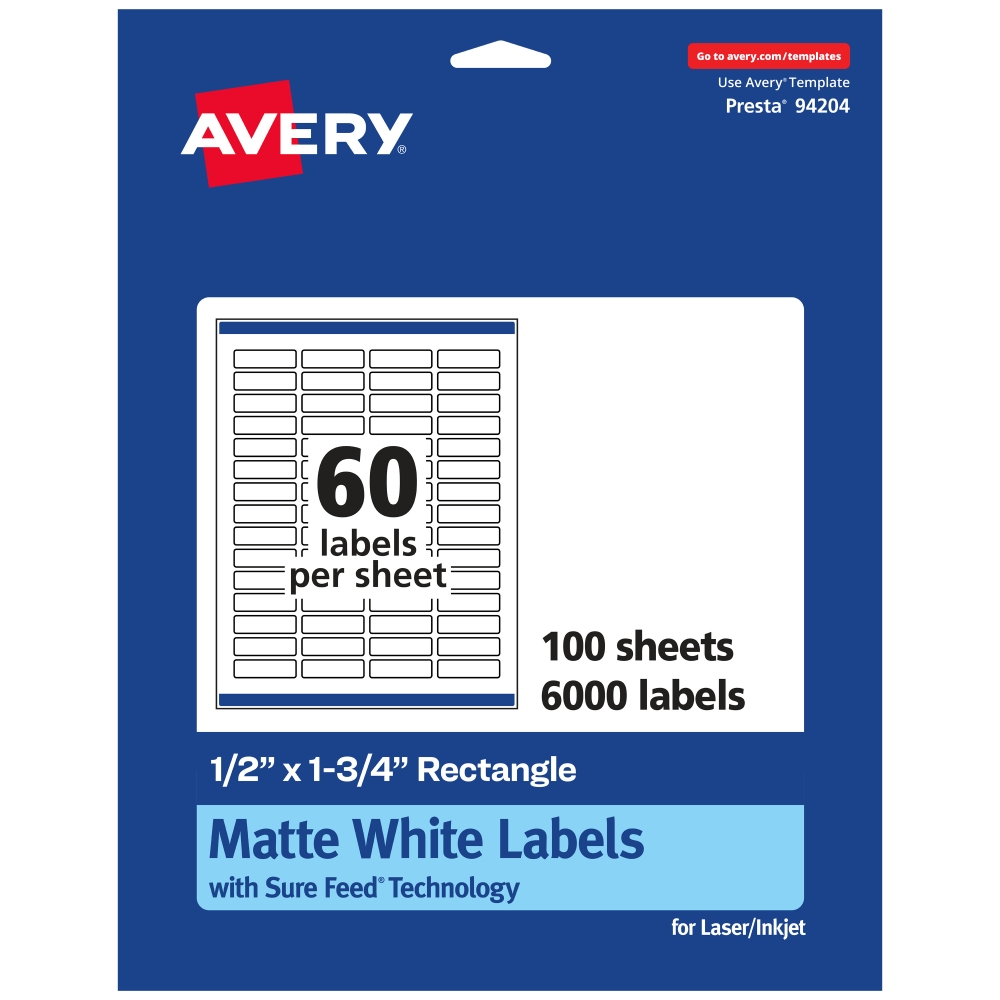 Avery® Permanent Labels With Sure Feed®, 94204-WMP100, Rectangle,