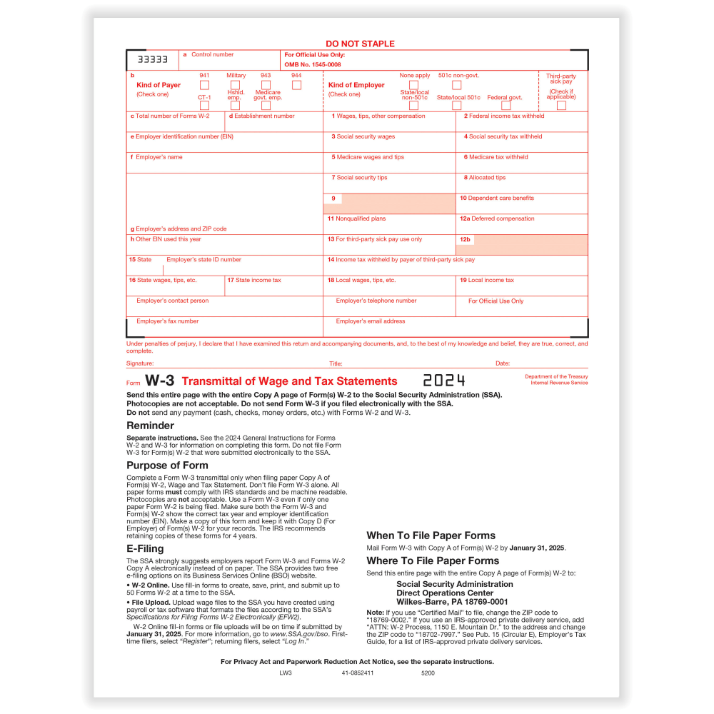 ComplyRight® W-3 Transmittal Tax Forms, 1-Part, 8-1/2" x