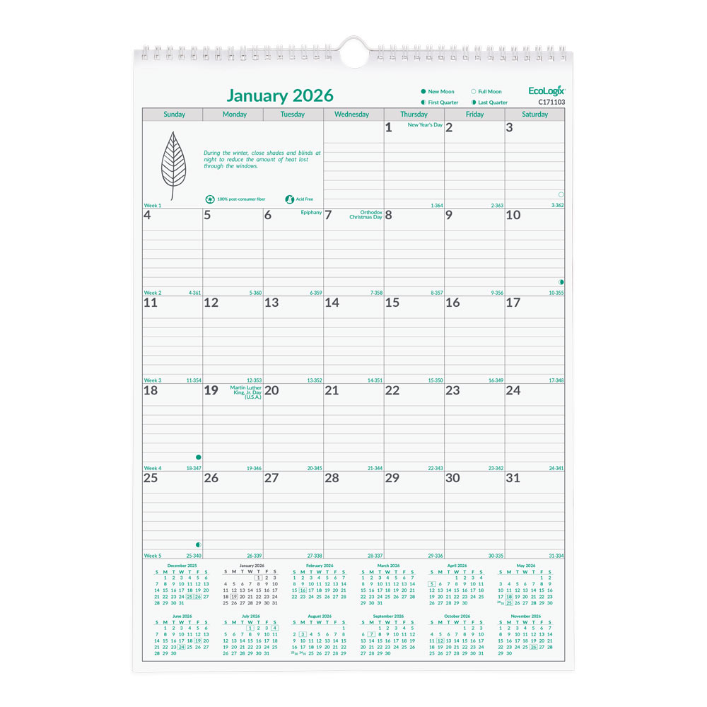 2026 Brownline EcoLogix Monthly Wall Calendar, 12" x