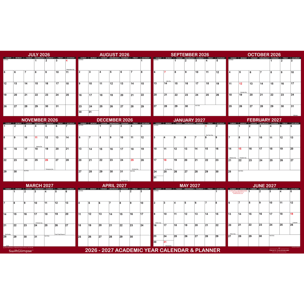 2026-2027 SwiftGlimpse Academic Monthly Wall Calendar, 32” x