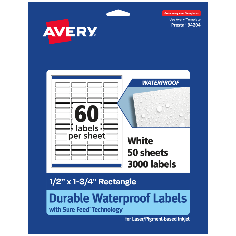 Avery® Waterproof Permanent Labels With Sure Feed®, 94204-WMF50,