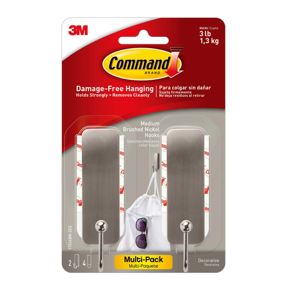 Command Medium Brushed Nickel Hooks, 3 lb, 2