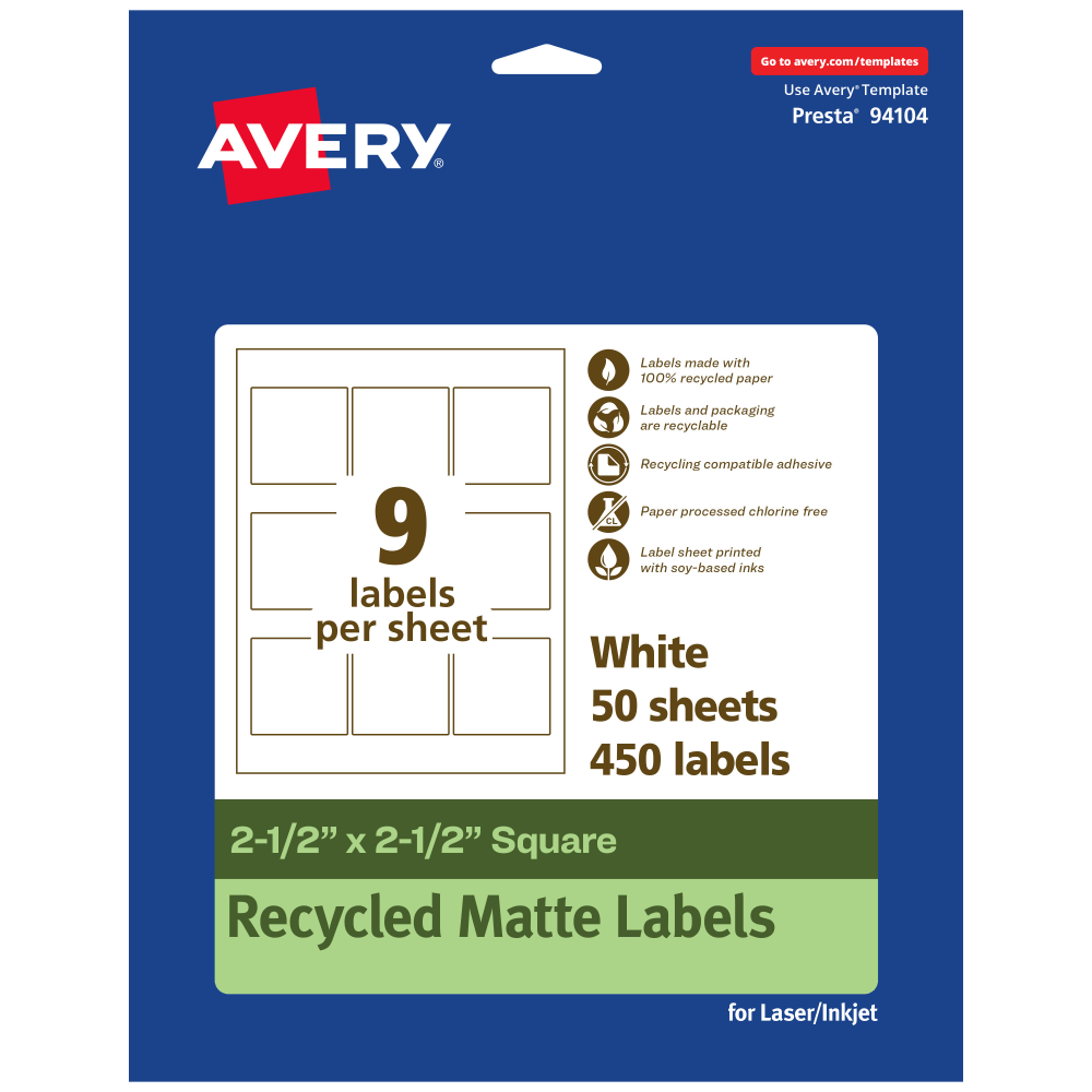 Avery® Recycled Paper Labels, 94104-EWMP50, Square, 2-1/2" x