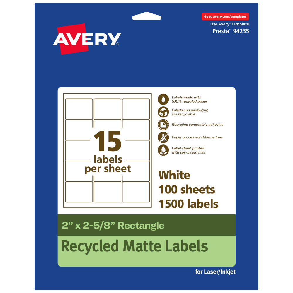 Avery® Recycled Paper Labels, 94235-EWMP100, Rectangle, 2" x