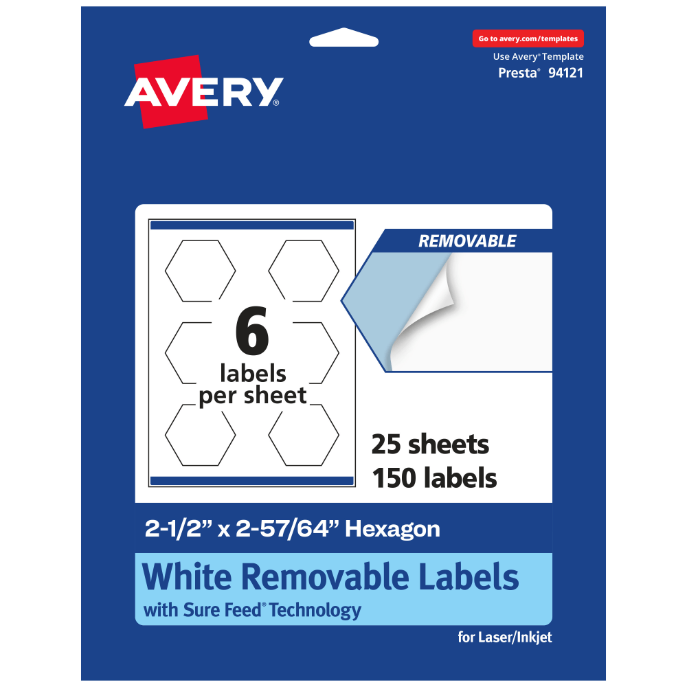 Avery® Removable Labels With Sure Feed®, 94121-RMP25, Hexagon,