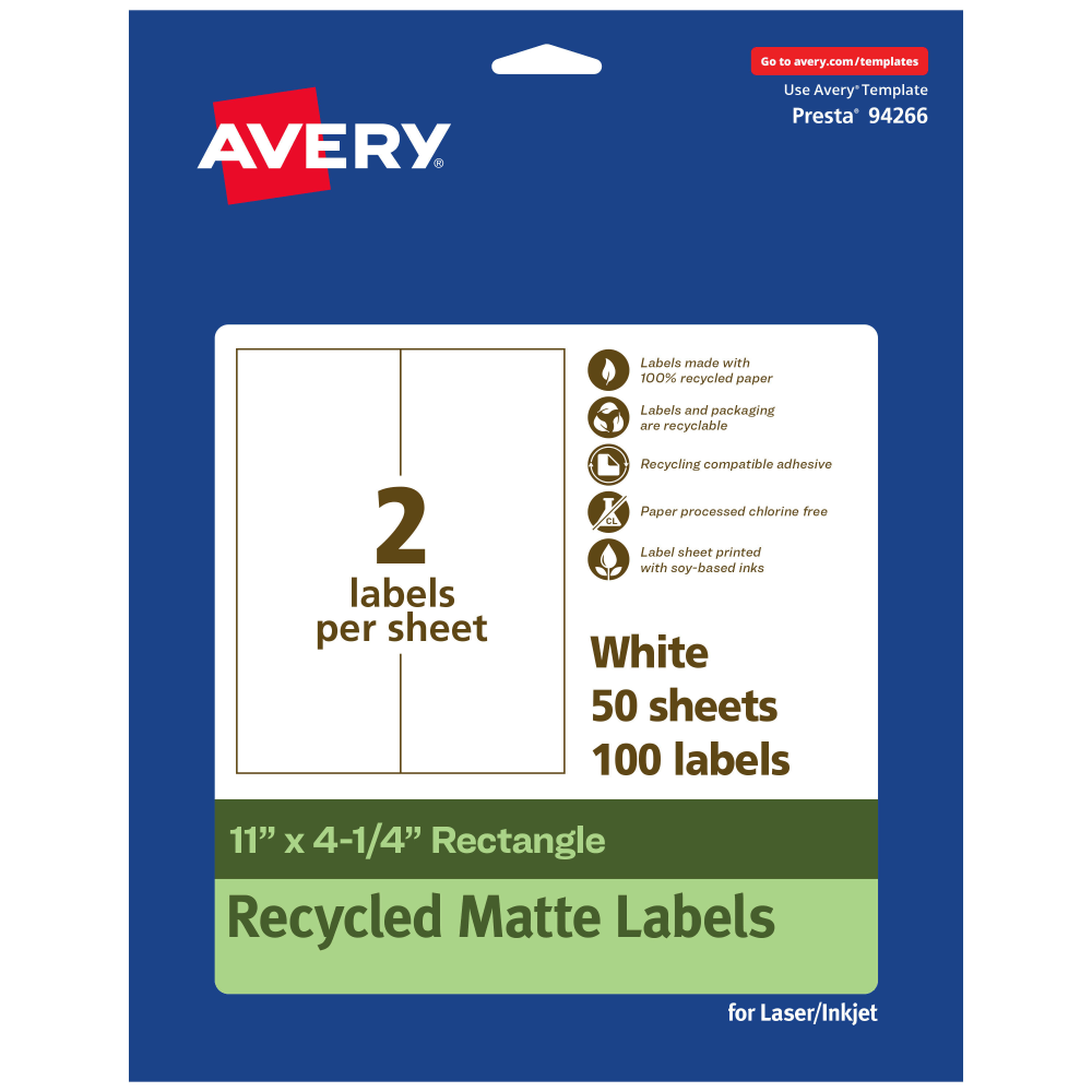 Avery® Recycled Paper Labels, 94266-EWMP50, Rectangle, 11" x