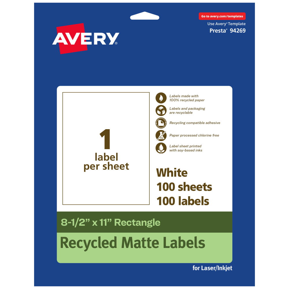 Avery® Recycled Paper Labels, 94269-EWMP100, Rectangle,