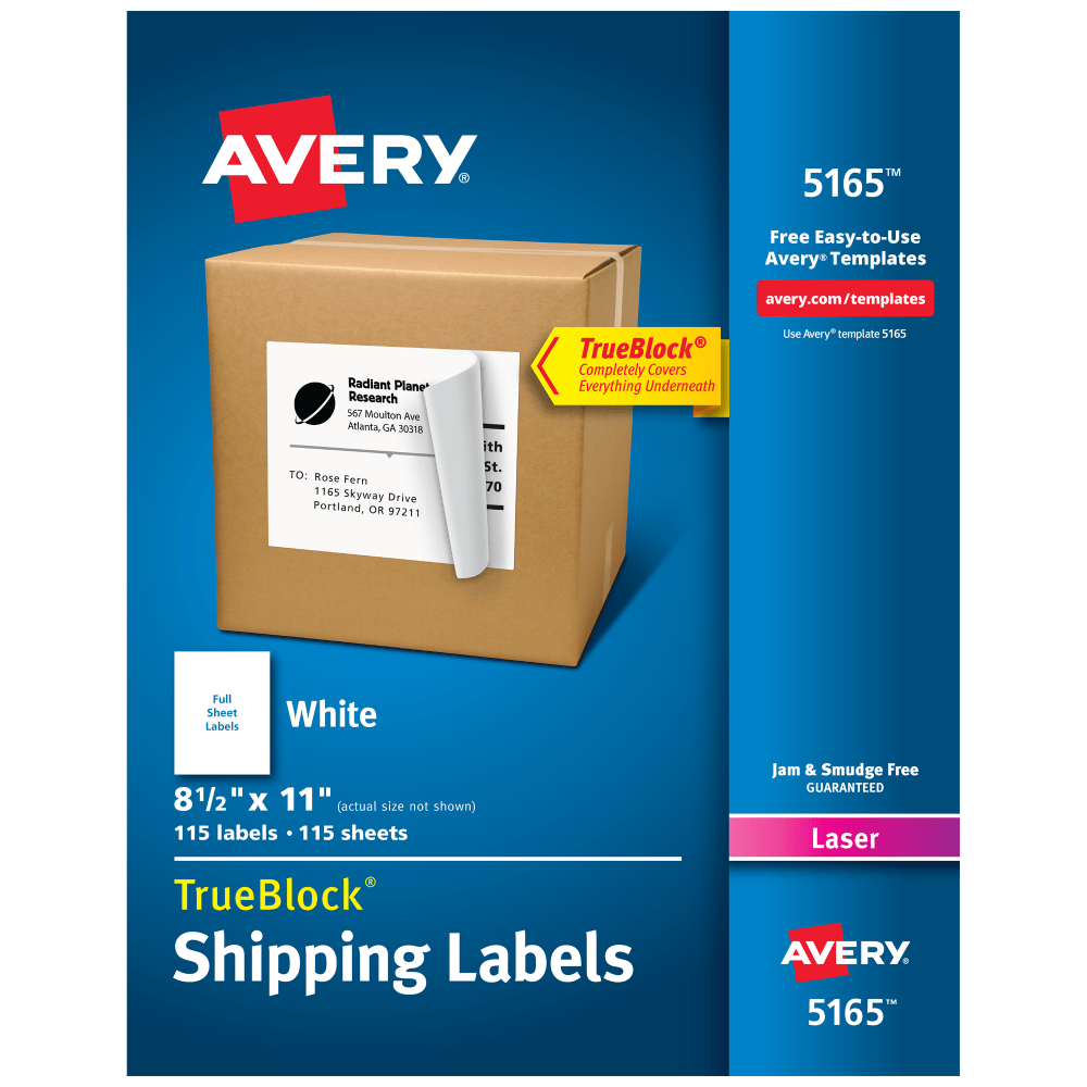 Avery® Permanent Full-Sheet Labels, 5165, Laser, 8 1/2"