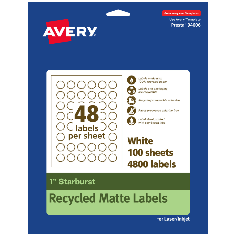 Avery® Recycled Paper Labels, 94606-EWMP100, Starburst, 1",