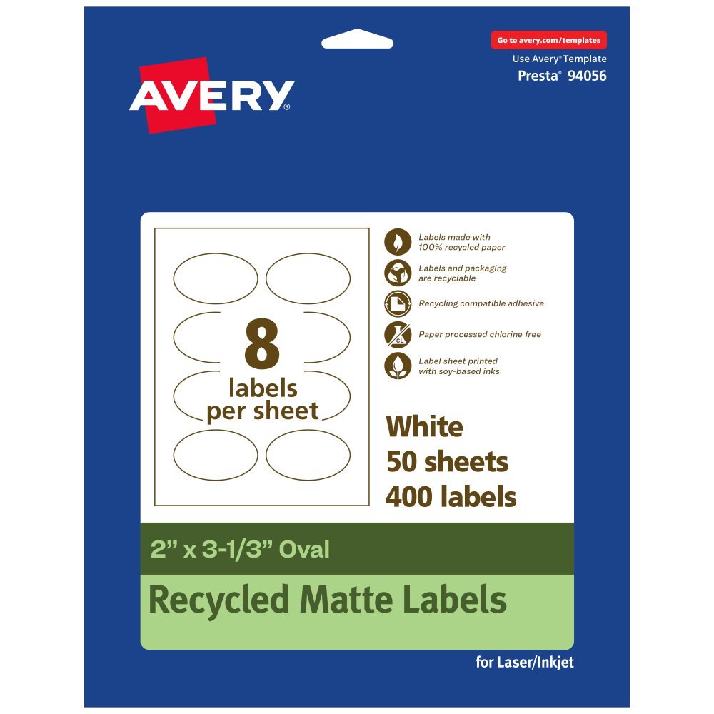 Avery® Recycled Paper Labels, 94056-EWMP50, Oval, 2" x