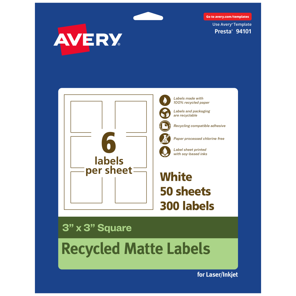 Avery® Recycled Paper Labels, 94101-EWMP50, Square, 3" x