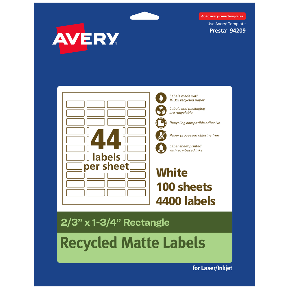 Avery® Recycled Paper Labels, 94209-EWMP100, Rectangle, 2/3"