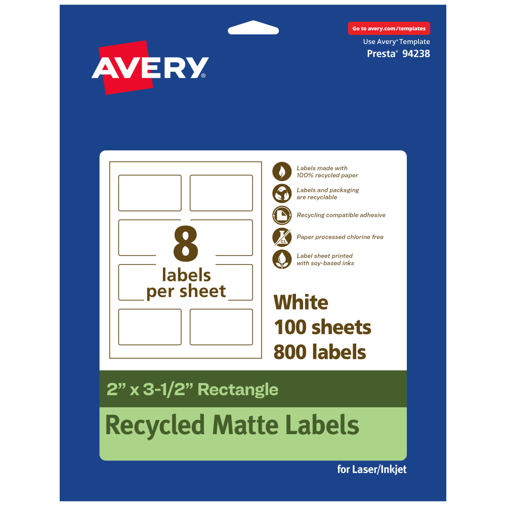 Avery® Recycled Paper Labels, 94238-EWMP100, Rectangle, 2" x