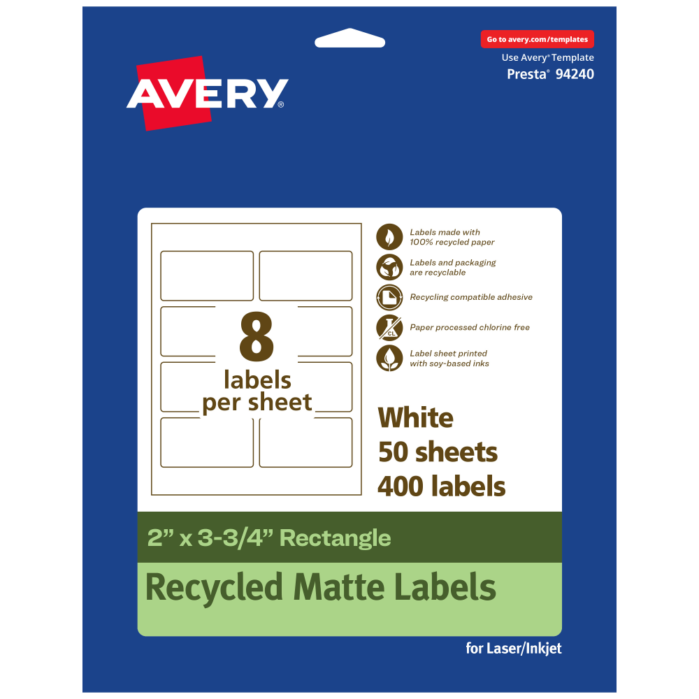 Avery® Recycled Paper Labels, 94240-EWMP50, Rectangle, 2" x