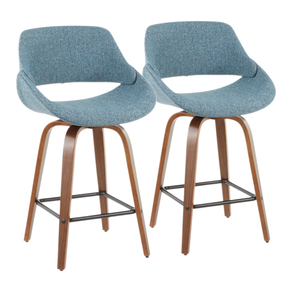 LumiSource Fabrico Counter Stools, Blue Seat/Walnut Frame/Black