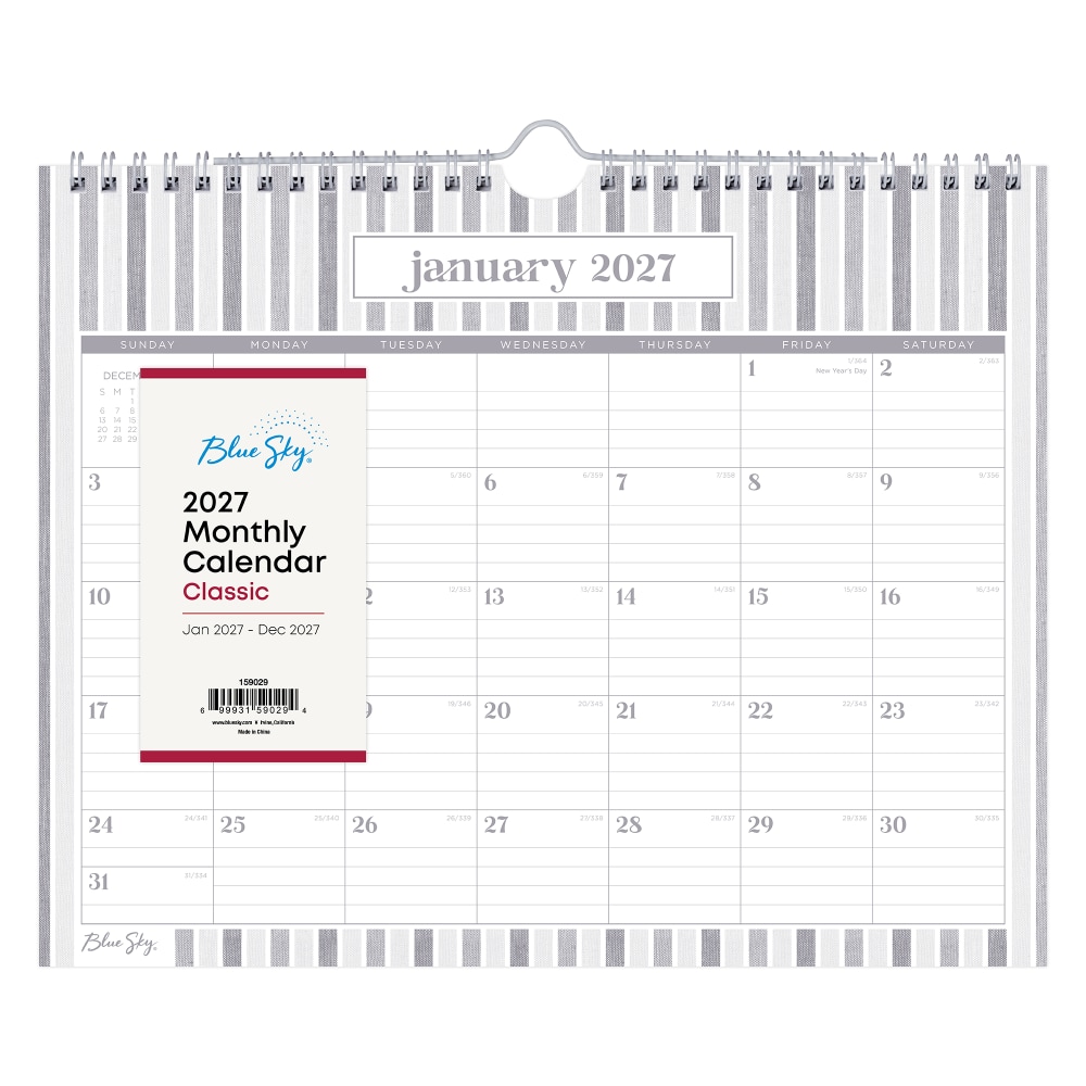 2027 Blue Sky Linen Stripe Gray Monthly Wall