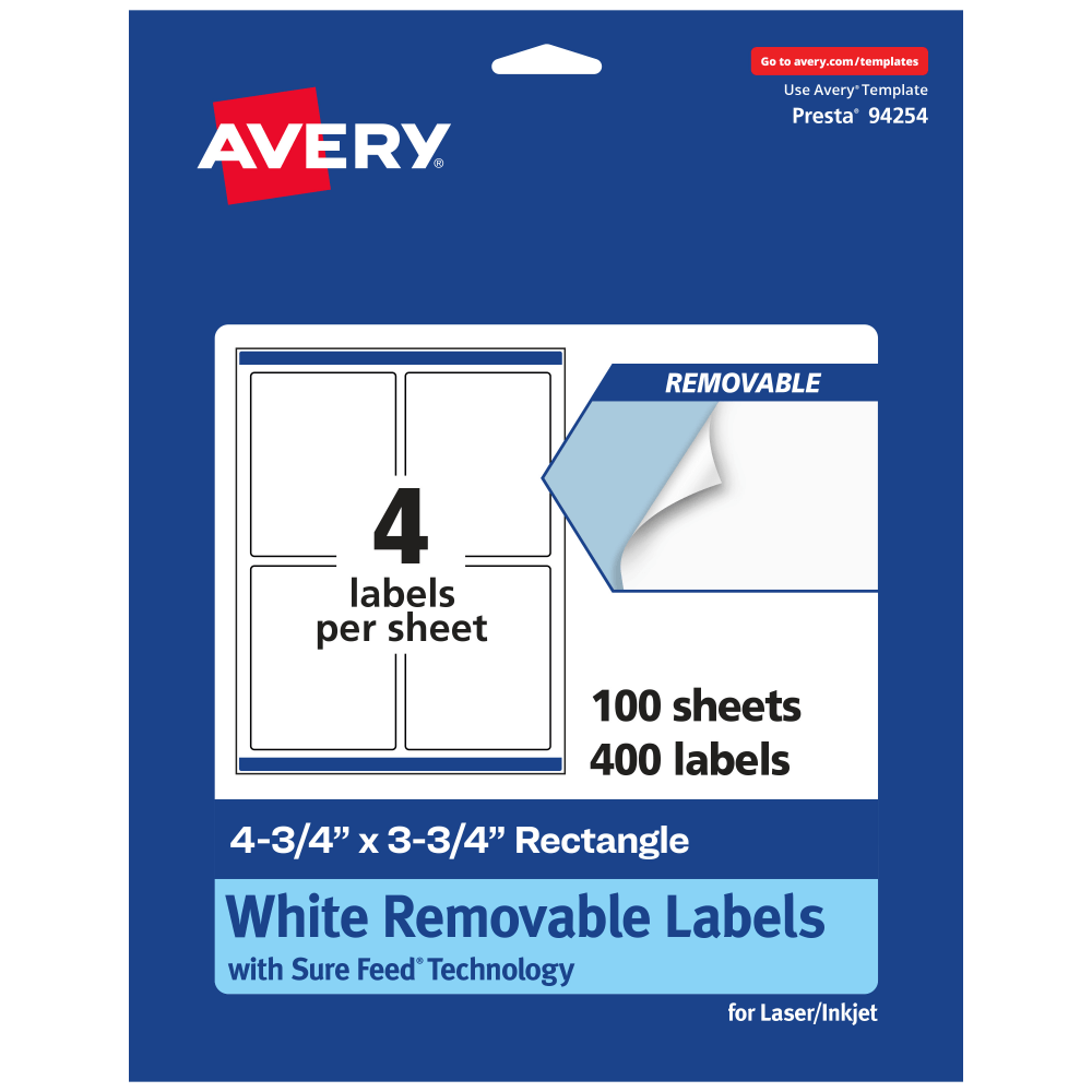 Avery® Removable Labels With Sure Feed®, 94254-RMP100, Rectangle,