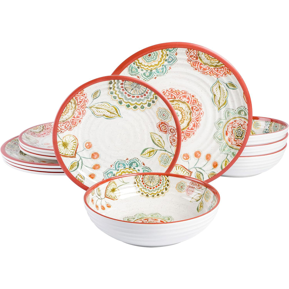 Laurie Gates Brick Floral Ripple 12-Piece Melamine Dinnerware