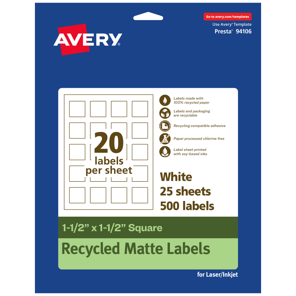 Avery® Recycled Paper Labels, 94106-EWMP25, Square, 1-1/2" x
