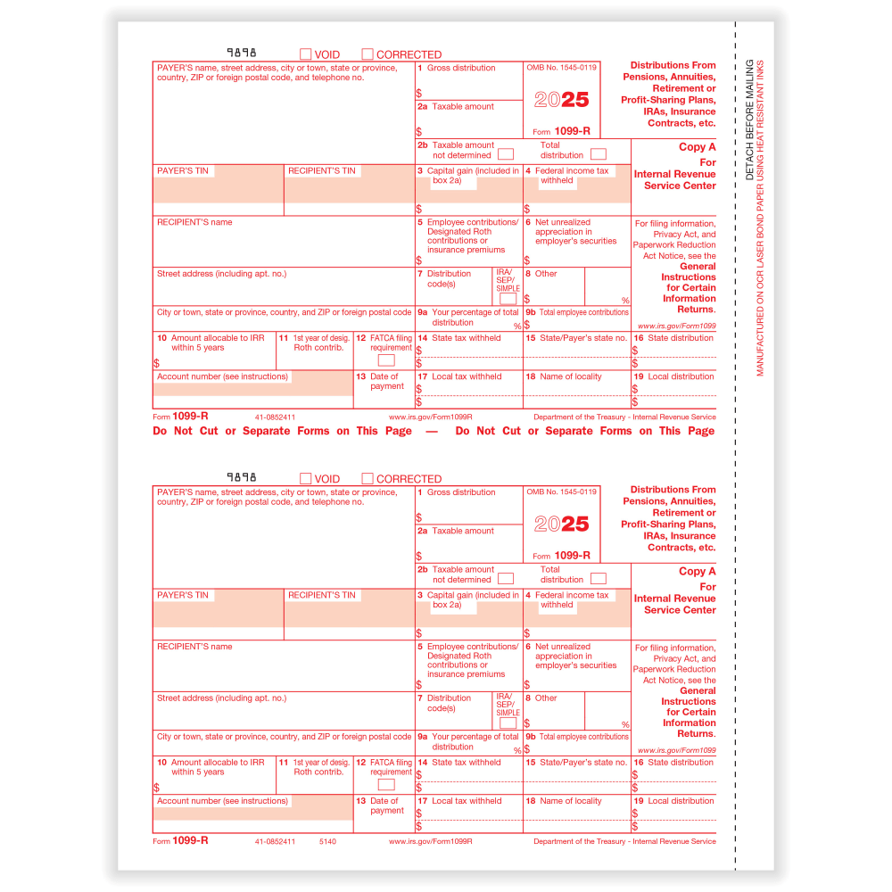 ComplyRight® 1099-R Tax Forms, 2-Up, Federal Copy A,