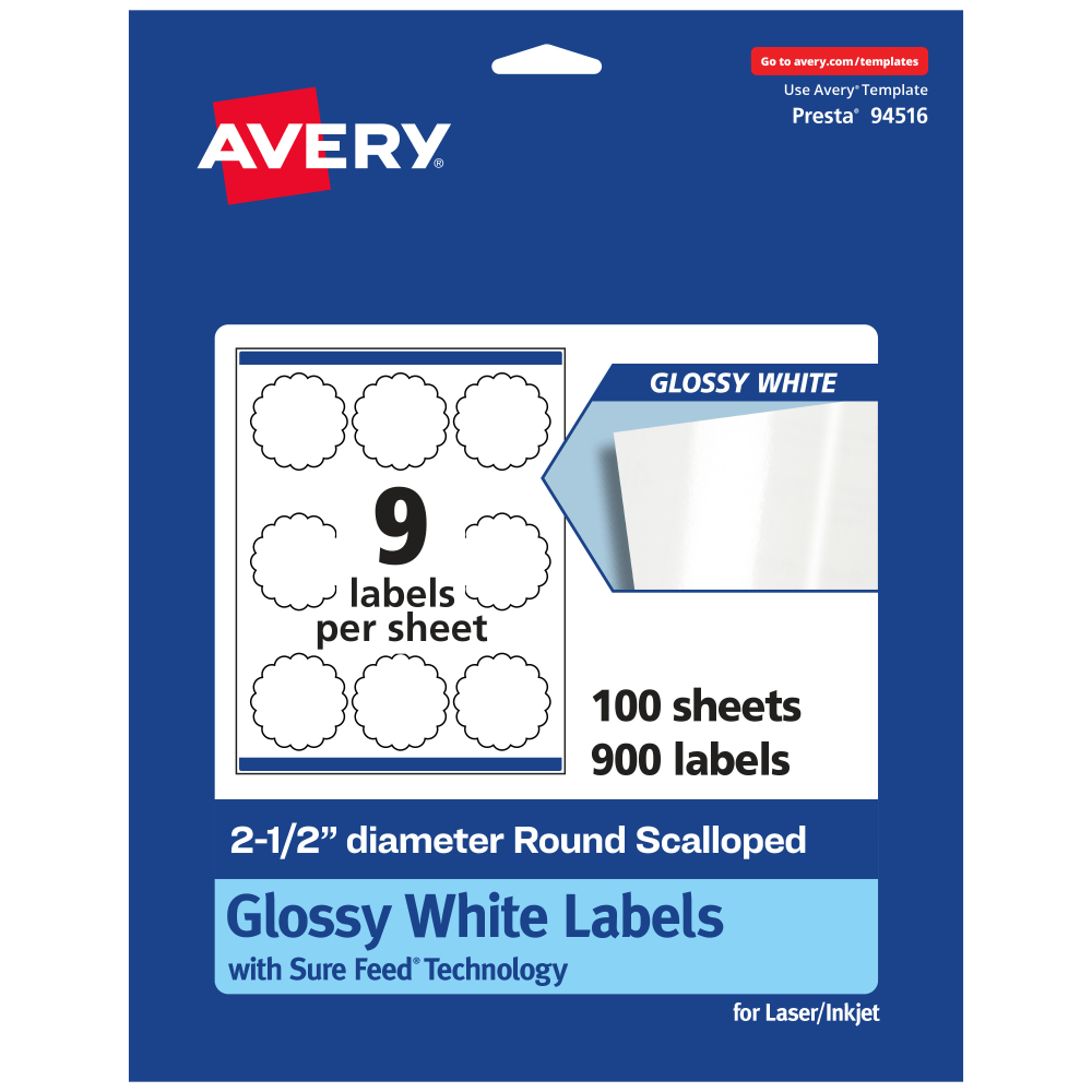 Avery® Glossy Permanent Labels With Sure Feed®, 94516-WGP100,