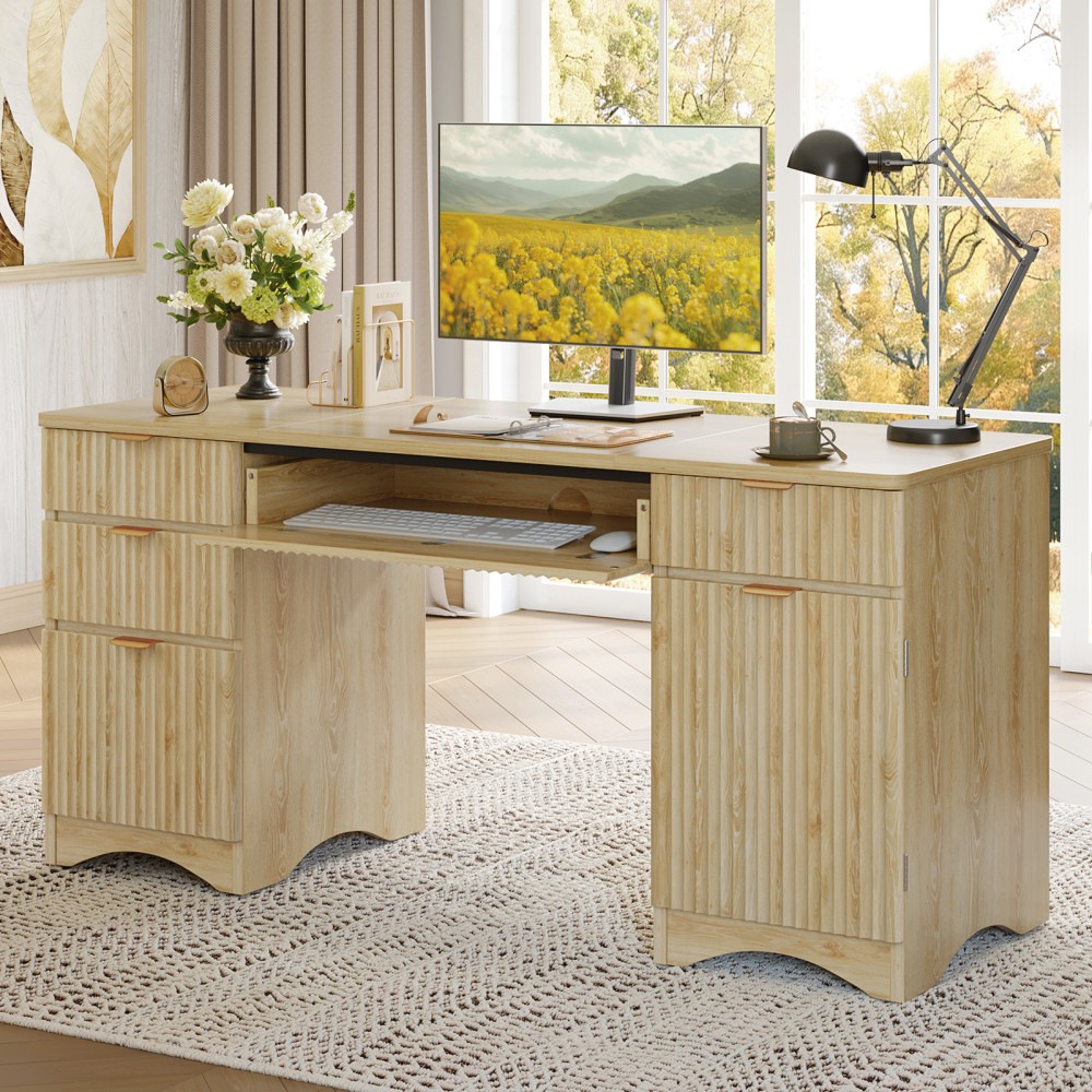 Bestier 63"W Fluted Executive Corner Desk, Natural