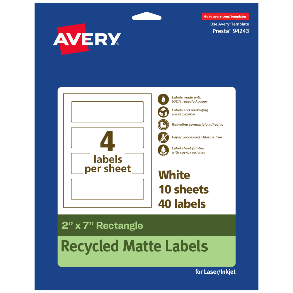 Avery® Recycled Paper Labels, 94243-EWMP10, Rectangle, 2" x