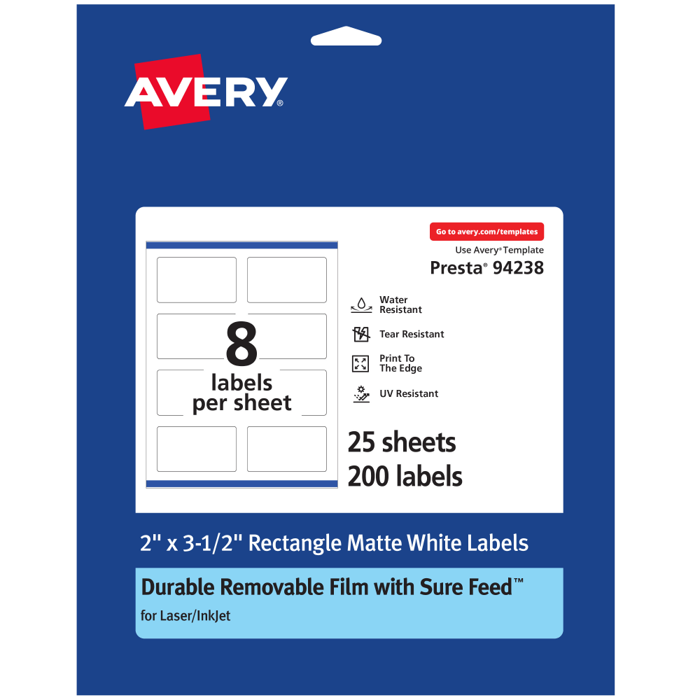 Avery® Durable Removable Labels With Sure Feed®, 94238-DRF25,