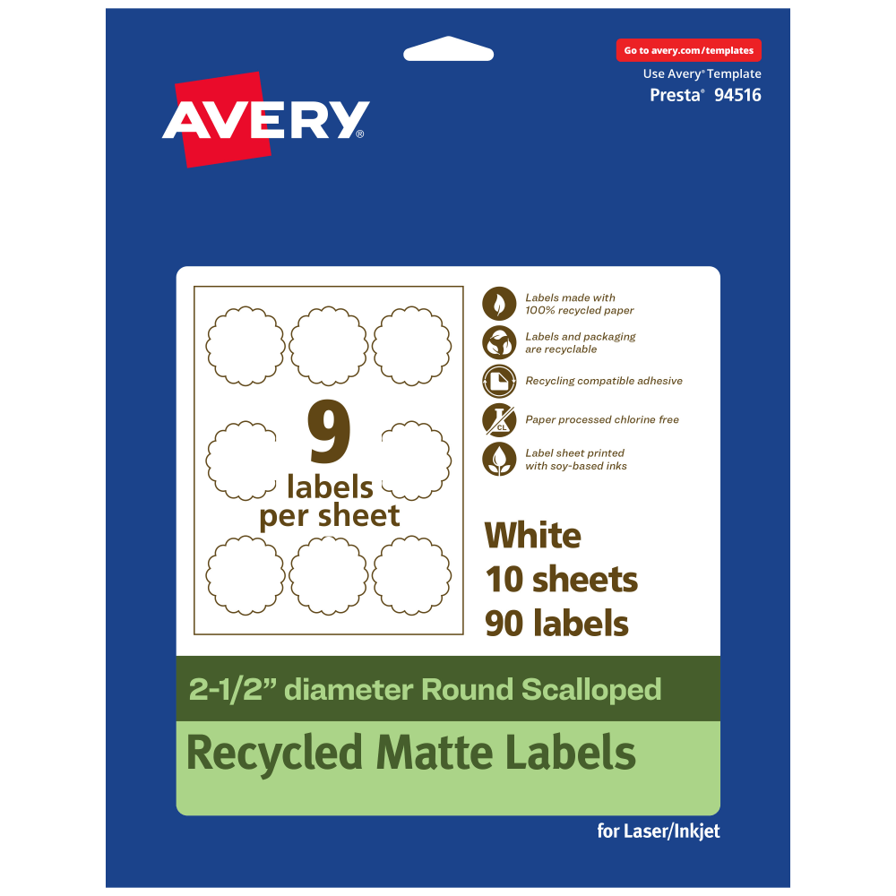 Avery® Recycled Paper Labels, 94516-EWMP10, Round Scalloped,