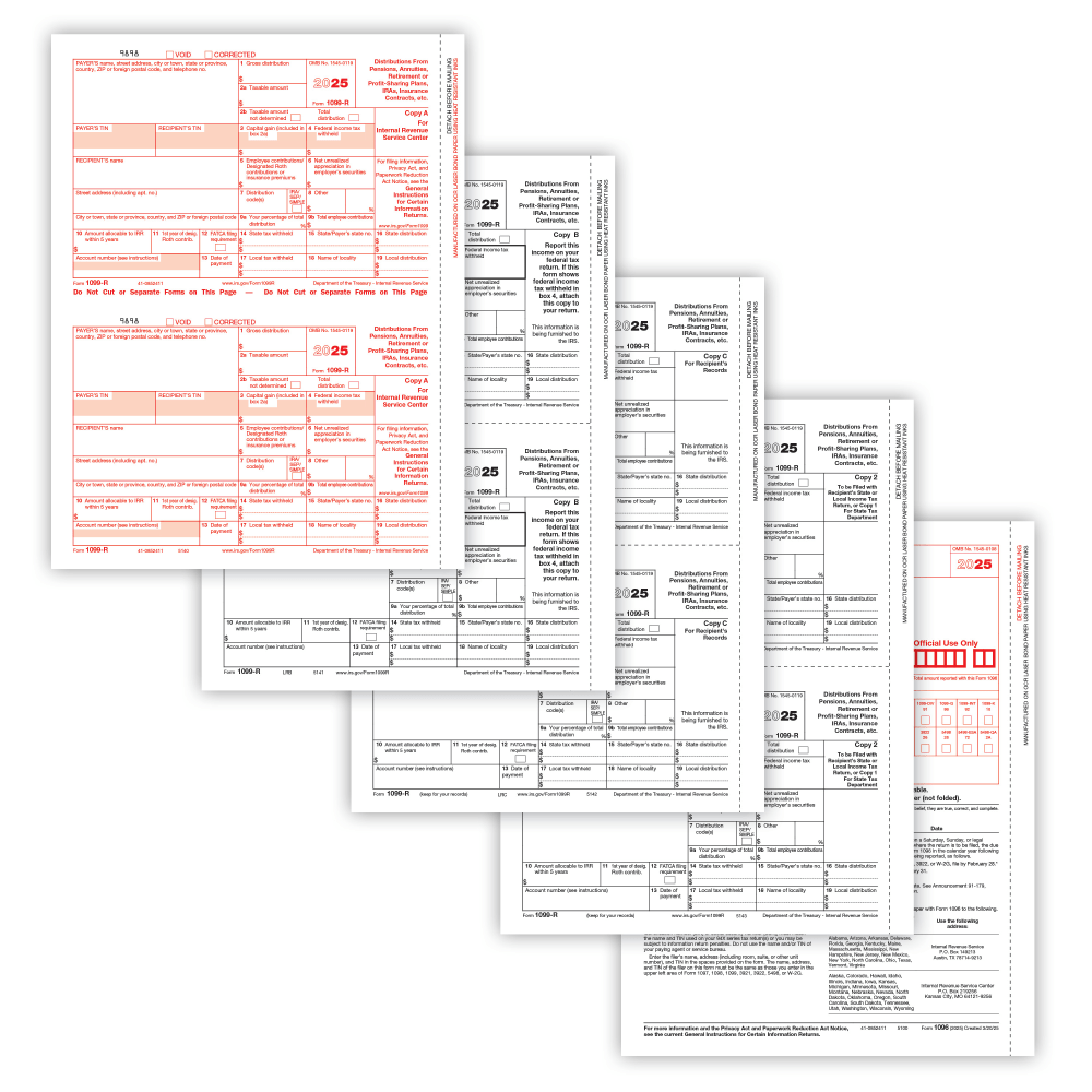 ComplyRight® 1099-R Tax Forms, 6-Part, 2-Up, Copies A,